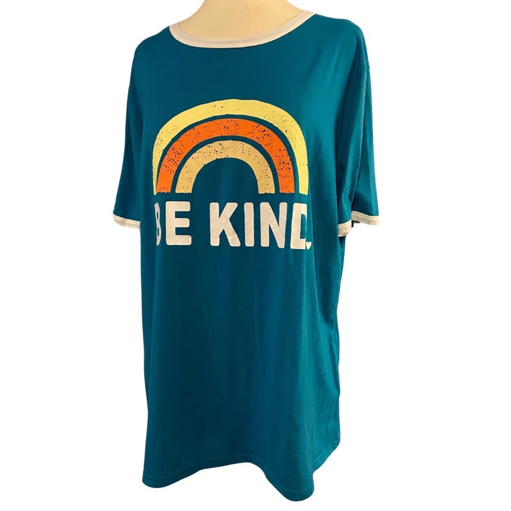 IRISGOD Be Kind retro ringer tee T-shirt Size XL rainbow, bright turquoise